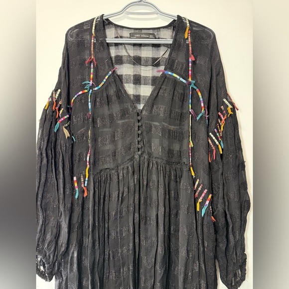 Zara Black Bohemian Sheer Midi Dress size L - Picture 7 of 12